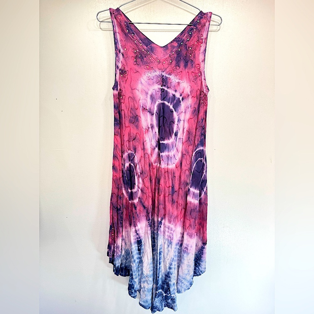 Sleeveless Asymmetrical Tie-Dye Dress in Pink and Purple